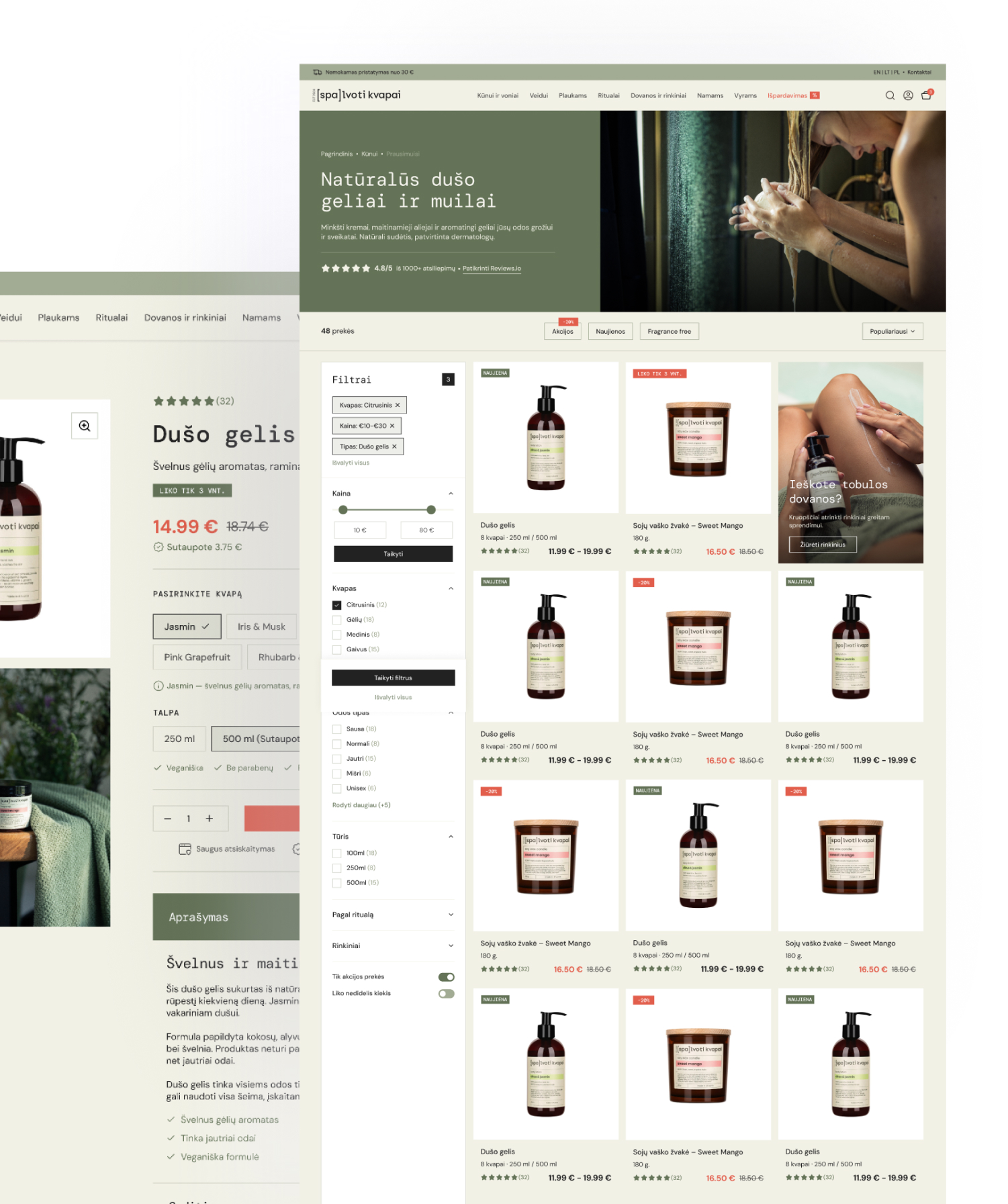 Spalvoti Kvapai WooCommerce produkto puslapio dizaino ekrano kopija
