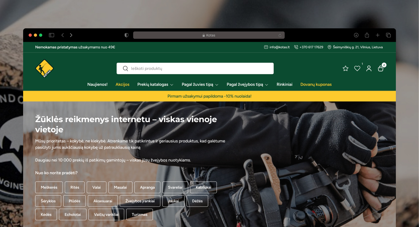 Kotas.lt internetinės parduotuvės produkto puslapio ekrano kopija