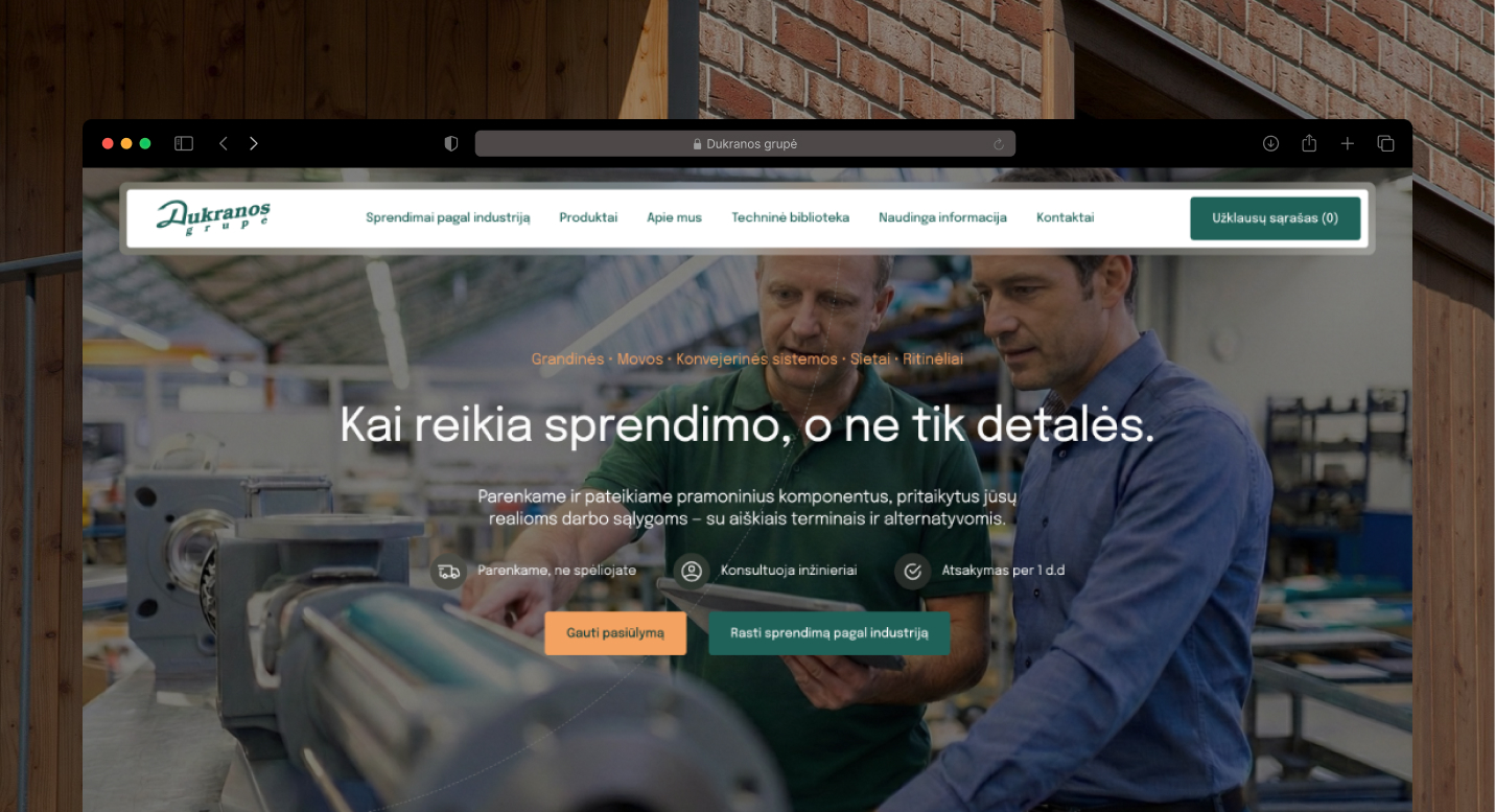 Dukranos grupės pramoninių komponentų svetainės pagrindinis puslapis